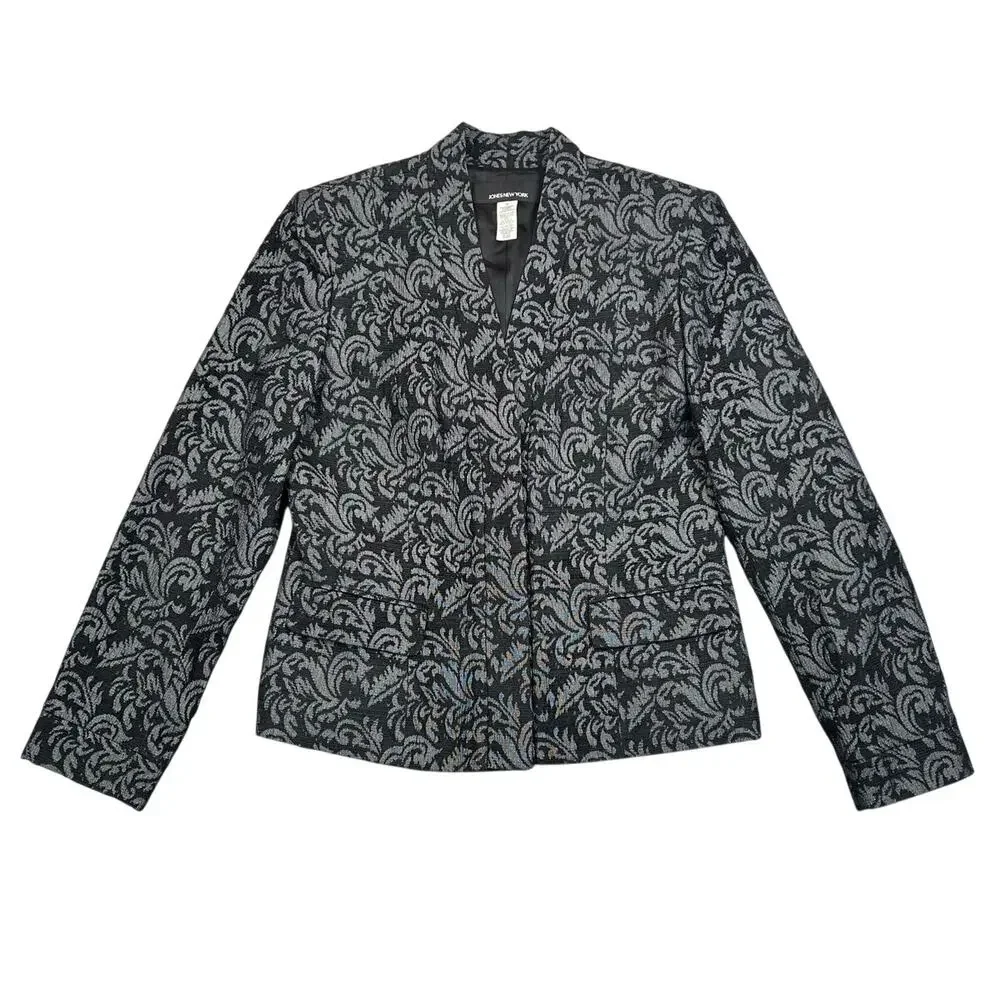 NWT Jones New York Y2K Black Gray Brocade Cropped Blazer Jacket - 10